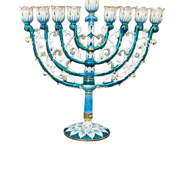 Menorah Hanukkah  Hand Painted Brass Enamel  NWB 6” By 6” Blue Teal Gold - Picture 9 of 16